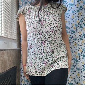 Women's Cream Floral Cap-Sleeve Blouse with Pink Accents